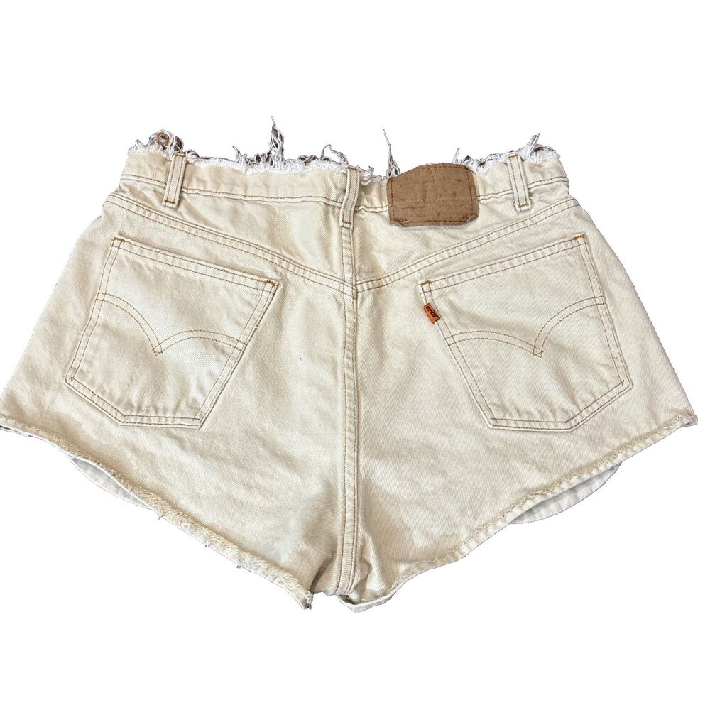 VINTAGE Levis 550 Shorts Womens 34 Cream Distressed Cut Off Orange Tab Grunge